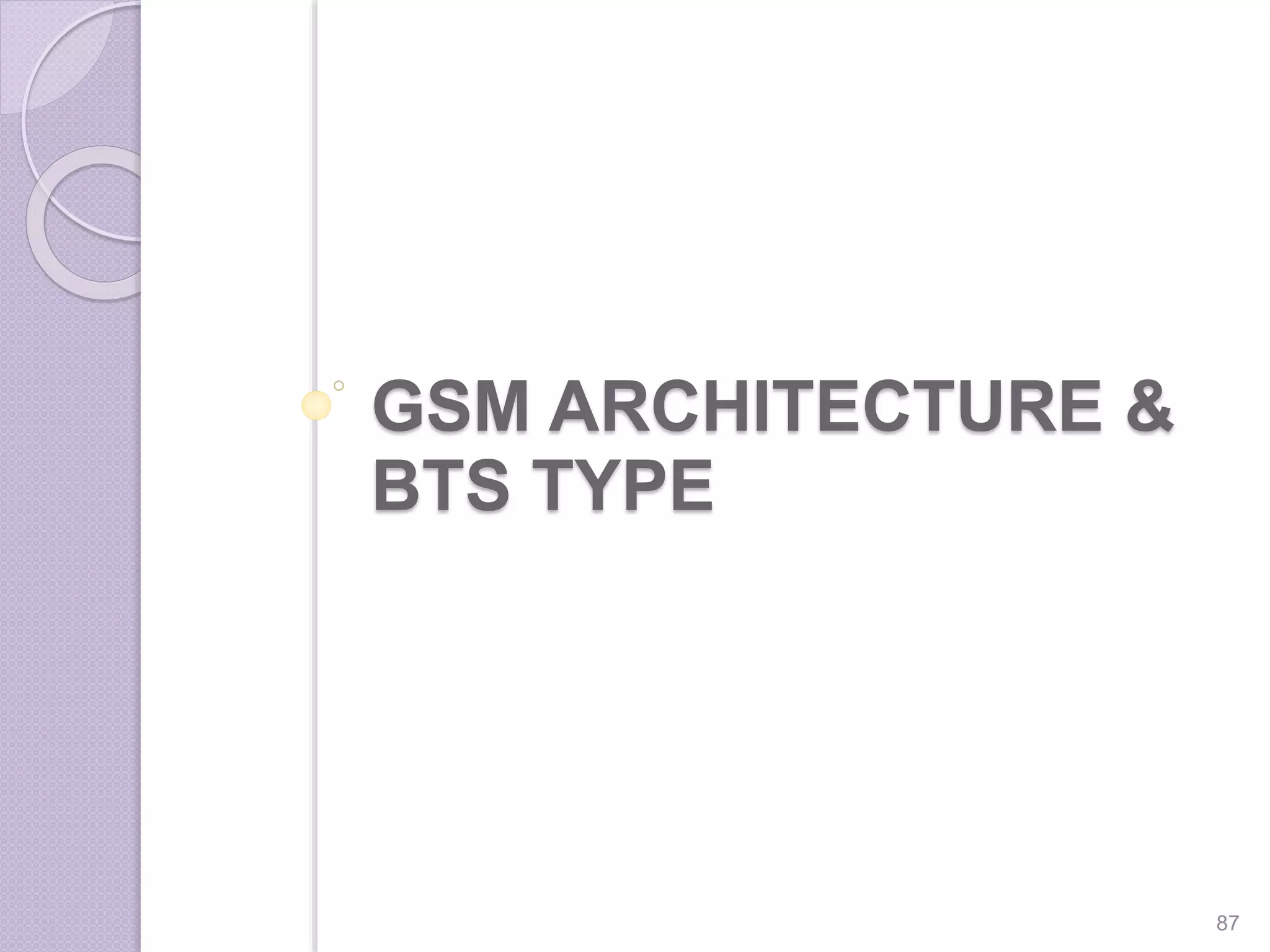 GSM ARCHITECTURE &
BTS TYPE
87
 