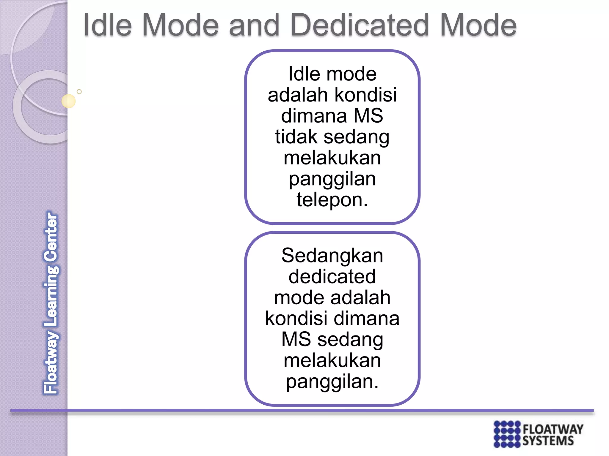 Idle Mode and Dedicated Mode
Idle mode
adalah kondisi
dimana MS
tidak sedang
melakukan
panggilan
telepon.
Sedangkan
dedicated
mode adalah
kondisi dimana
MS sedang
melakukan
panggilan.
 