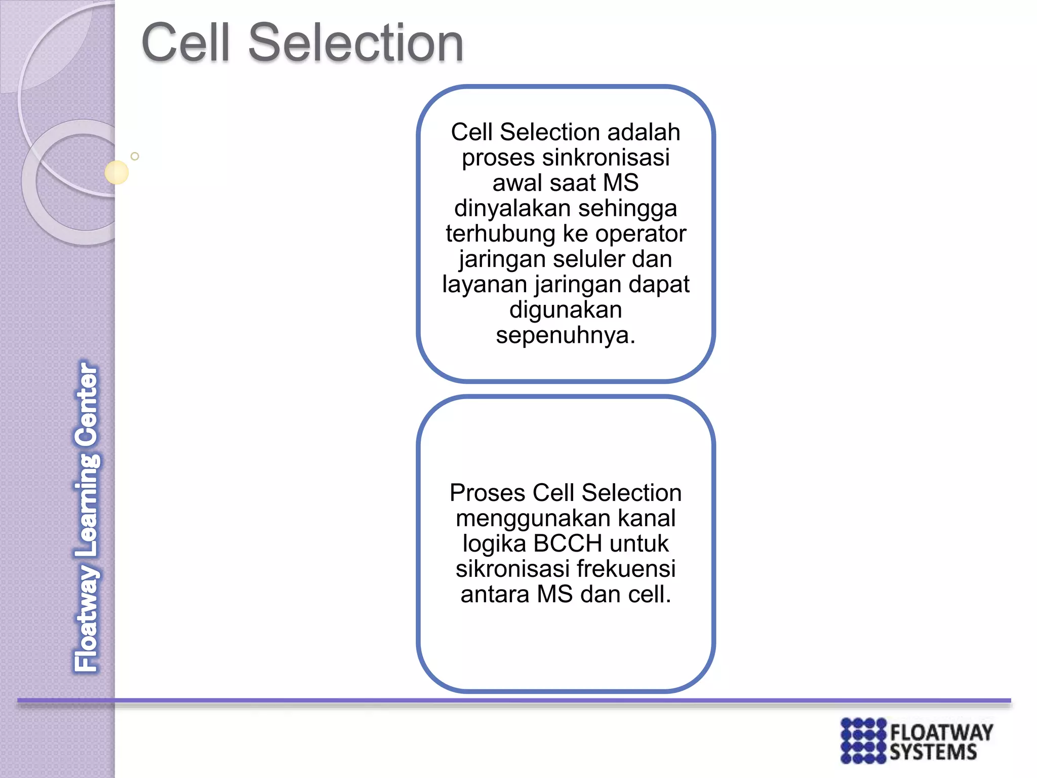 Cell Selection
Cell Selection adalah
proses sinkronisasi
awal saat MS
dinyalakan sehingga
terhubung ke operator
jaringan seluler dan
layanan jaringan dapat
digunakan
sepenuhnya.
Proses Cell Selection
menggunakan kanal
logika BCCH untuk
sikronisasi frekuensi
antara MS dan cell.
 