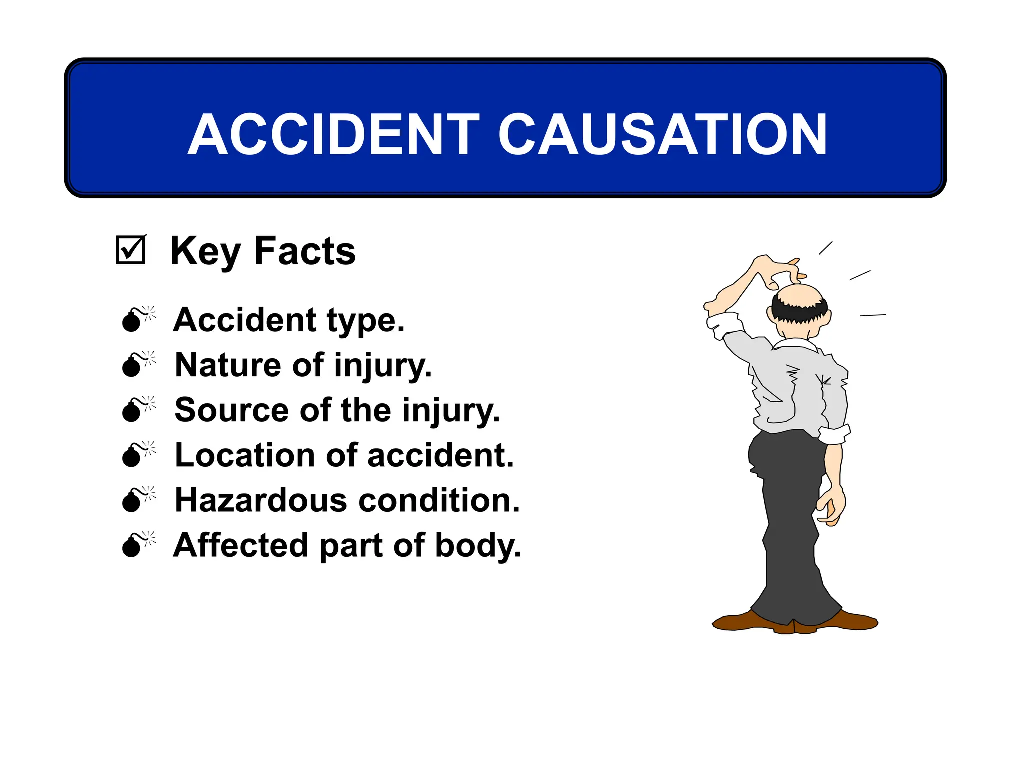  Accident type.
 Nature of injury.
 Source of the injury.
 Location of accident.
 Hazardous condition.
 Affected part of body.
ACCIDENT CAUSATION
 Key Facts
 