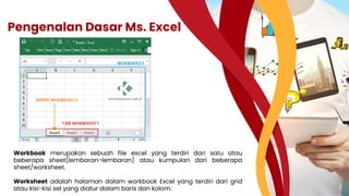 Pengenalan Dasar Ms. Excel
Workbook merupakan sebuah file excel yang terdiri dari satu atau
beberapa sheet(lembaran-lembaran) atau kumpulan dari beberapa
sheet/worksheet.
Worksheet adalah halaman dalam workbook Excel yang terdiri dari grid
atau kisi-kisi sel yang diatur dalam baris dan kolom.
 