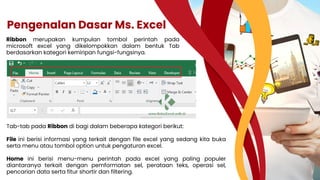Ribbon merupakan kumpulan tombol perintah pada
microsoft excel yang dikelompokkan dalam bentuk Tab
berdasarkan kategori kemiripan fungsi-fungsinya.
Pengenalan Dasar Ms. Excel
Tab-tab pada Ribbon di bagi dalam beberapa kategori berikut:
File ini berisi informasi yang terkait dengan file excel yang sedang kita buka
serta menu atau tombol option untuk pengaturan excel.
Home ini berisi menu-menu perintah pada excel yang paling populer
diantaranya terkait dengan pemformatan sel, perataan teks, operasi sel,
pencarian data serta fitur shortir dan filtering.
 