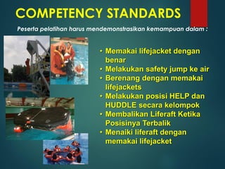 COMPETENCY STANDARDS
Peserta pelatihan harus mendemonstrasikan kemampuan dalam :
• Memakai lifejacket dengan
benar
• Melakukan safety jump ke air
• Berenang dengan memakai
lifejackets
• Melakukan posisi HELP dan
HUDDLE secara kelompok
• Membalikan Liferaft Ketika
Posisinya Terbalik
• Menaiki liferaft dengan
memakai lifejacket
 