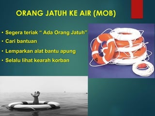 ORANG JATUH KE AIR (MOB)
• Segera teriak “ Ada Orang Jatuh”
• Cari bantuan
• Lemparkan alat bantu apung
• Selalu lihat kearah korban
 