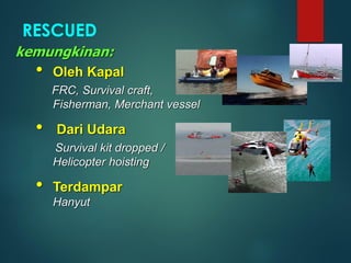 • Oleh Kapal
FRC, Survival craft,
Fisherman, Merchant vessel
• Dari Udara
Survival kit dropped /
Helicopter hoisting
• Terdampar
Hanyut
RESCUED
kemungkinan:
 