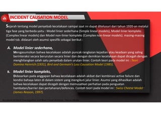 Accidend Incident Investigation and Root Cause Analysis : Harya Media
Sejarah tentang model penyebab kecelakaan sampai saat ini dapat ditelusuri dari tahun 1920-an melalui
tiga fase yang berbeda yaitu : Model linier sederhana (Simple linear models), Model linier kompleks
(Complex linear models) dan Model non-linier kompleks (Complex non-linear models). masing-masing
model tsb. didasari oleh asumsi spesifik sebagai berikut :
A. Model linier sederhana,
Mengasumsikan bahwa kecelakaan adalah puncak rangkaian kejadian atau keadaan yang saling
berinteraksi secara berurutan secara linier dan dengan demikian kecelakaan dapat dicegah dengan
menghilangkan salah satu penyebab dalam urutan linier. Contoh teori pada model ini : Teori
Domino Heinrich (1931), Bird and Germain’s Loss Causation Model (1985).
B. Model linier kompleks,
Didasarkan pada anggapan bahwa kecelakaan adalah akibat dari kombinasi active failure dan
kondisi bahaya laten di dalam sistem yang mengikuti jalur linier. Asumsi yang dihasilkan adalah
bahwa kecelakaan dapat dicegah dengan memusatkan perhatian pada penguatan
hambatan/barrier dan pertahanan/defences. Contoh teori pada model ini : Swiss Cheese Model
(James Reason, 1997).
 