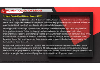 Accidend Incident Investigation and Root Cause Analysis : Harya Media
3. Swiss Cheese Model (James Reason, 1997)
Tidak seperti Heinrich (1931) dan Bird & Germain (1985), Reason menyatakan bahwa kecelakaan tidak
semata-mata terjadi karena kesalahan operator individual (kegagalan aktif) namun terletak pada faktor
organisasi sistemik yang lebih luas (kondisi laten) di tingkat atas organisasi.
Ia menggambarkan berbagai lapisan barrier terjadinya kecelakaan seperti keju swiss yang memiliki
lubang-lubang tertentu. Dalam dunia yang ideal semua lapisan pertahanan akan utuh, tidak
memungkinkan terjadinya suatu kondisi penetrasi oleh jalur lintasan kecelakaan. Namun di dunia nyata,
bagaimanapun, setiap lapisan memiliki kelemahan dan celah. lubang di dalam setiap lapisan dapat
bergeser, datang dan pergi, menyusut dan meluas sebagai respons terhadap tindakan operator dan
tuntutan lokal (local demand).
Reason tidak menentukan apa yang terwakili oleh lubang-lubang pada berbagai lapisan keju. Model
tersebut memberikan ruang untuk profesional K3 melakukan penyelidikan mereka sendiri mengenai
faktor-faktor apa yang terkait di dalam organisasi tersebut. Model "Swiss Cheese" hanya suatu komponen
dari model yang lebih komprehensif yang disebut Reason Model of Systems Safety.
 