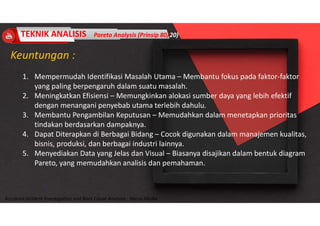Accidend Incident Investigation and Root Cause Analysis : Harya Media
Keuntungan :
1. Mempermudah Identifikasi Masalah Utama – Membantu fokus pada faktor-faktor
yang paling berpengaruh dalam suatu masalah.
2. Meningkatkan Efisiensi – Memungkinkan alokasi sumber daya yang lebih efektif
dengan menangani penyebab utama terlebih dahulu.
3. Membantu Pengambilan Keputusan – Memudahkan dalam menetapkan prioritas
tindakan berdasarkan dampaknya.
4. Dapat Diterapkan di Berbagai Bidang – Cocok digunakan dalam manajemen kualitas,
bisnis, produksi, dan berbagai industri lainnya.
5. Menyediakan Data yang Jelas dan Visual – Biasanya disajikan dalam bentuk diagram
Pareto, yang memudahkan analisis dan pemahaman.
TEKNIK ANALISIS Pareto Analysis (Prinsip 80/20)
 