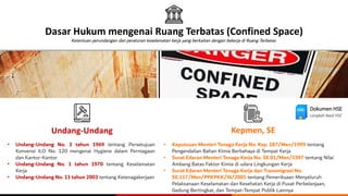 Undang-Undang
Dokumen HSE
Langkah Awal HSE
Dasar Hukum mengenai Ruang Terbatas (Confined Space)
Ketentuan perundangan dan peraturan keselamatan kerja yang berkaitan dengan bekerja di Ruang Terbatas
• Undang-Undang No. 3 tahun 1969 tentang Persetujuan
Konvensi ILO No. 120 mengenai Hygiene dalam Perniagaan
dan Kantor-Kantor
• Undang-Undang No. 1 tahun 1970 tentang Keselamatan
Kerja
• Undang-Undang No. 13 tahun 2003 tentang Ketenagakerjaan
• Keputusan Menteri Tenaga Kerja No. Kep. 187/Men/1999 tentang
Pengendalian Bahan Kimia Berbahaya di Tempat Kerja
• Surat Edaran Menteri Tenaga Kerja No. SE.01/Men/1997 tentang Nilai
Ambang Batas Faktor Kimia di udara Lingkungan Kerja
• Surat Edaran Menteri Tenaga Kerja dan Transmigrasi No.
SE.117/Men/PPKPKK/III/2005 tentang Pemeriksaan Menyeluruh
Pelaksanaan Keselamatan dan Kesehatan Kerja di Pusat Perbelanjaan,
Gedung Bertingkat, dan Tempat-Tempat Publik Lainnya
Kepmen, SE
 