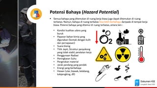 Dokumen HSE
Langkah Awal HSE
Potensi Bahaya (Hazard Potential)
▪ Semua bahaya yang ditemukan di ruang kerja biasa juga dapat ditemukan di ruang
terbatas. Namun, bahaya di ruang terbatas bisa lebih berbahaya daripada di tempat kerja
biasa. Potensi bahaya yang ditemui di ruang terbatas, antara lain :
• Kondisi kualitas udara yang
buruk
• Paparan bahan kimia yang
digunakan (kontak dengan kulit
dan pernapasan)
• Suara bising
• Titik Jepit, Struktur penyokong
yang tidak stabil, peralatan kerja
• Penggunaan Radiasi
• Peningkatan Suhu
• Pergerakan material
• Jarak pandang yang pendek
• Energi yang berbahaya
• Hewan (ular, biawak, kelabang,
kalajengking, dll)
 