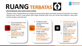 Dokumen HSE
Langkah Awal HSE
RUANG TERBATAS
LEBIH BERBAHAYA DARI LOKASI KERJA LAINNYA
“Kesalahan dalam mengidentifikasi atau mengevaluasi potensi bahaya dapat menimbulkan konsekuensi yang lebih serius. Dalam
beberapa kasus, kondisi di ruang terbatas selalu sangat berbahaya. Dalam kasus lain, kondisi yang mengancam nyawa dalam
kombinasi keadaan yang tidak biasa“
1. Pintu masuk/keluar ruang
terbatas yang tidak
memungkinkan pekerja
untuk keluar tepat waktu
jika terjadi kondisi
berbahaya
2. Penyelamatan diri oleh
pekerja akan lebih sulit.
3. Penyelamatan korban
lebih sulit.
4. Konfigurasi interior
ruang tertutup sering
kali tidak
memungkinkan
pergerakan orang atau
peralatan di dalamnya
dengan mudah.
5. Konfigurasi interior
ruang terbatas tidak
memungkinkan
pergerakan udara yang
mudah di dalamnya.
6. Ventilasi alami saja
sering kali tidak cukup
untuk menjaga kualitas
udara yang dapat
dihirup.
7. Kondisi dapat berubah
dengan sangat cepat.
8. Ruang di luar ruang
terbatas dapat
berdampak pada
kondisi di dalam ruang
terbatas dan
sebaliknya.
 