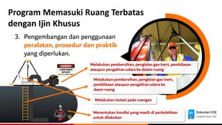 Dokumen HSE
Langkah Awal HSE
Program Memasuki Ruang Terbatas
dengan Ijin Khusus
3. Pengembangan dan penggunaan
peralatan, prosedur dan praktik
yang diperlukan.
Menentukan kondisi yang masih di perbolehkan
untuk dilakukan
Melakukan isolasi pada ruangan
Melakukan pembersihan, pengisian gas inert, pembilasan
ataupun pengaliran udara ke dalam ruang
Melakukan pembersihan, pengisian gas inert,
pembilasan ataupun pengaliran udara ke
daam ruang
 