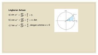 Lingkaran Satuan
a) sin 
b) cos 
c) tan 
=
=
=
PP
OP
OP
OP
OP
PP
y,
, dengan catatan x  0
1
y
1
x
y
x
=
=
=
=
= x, dan



 