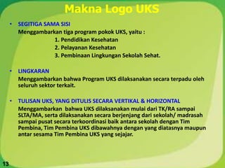Makna Logo UKS
• SEGITIGA SAMA SISI
Menggambarkan tiga program pokok UKS, yaitu :
1. Pendidikan Kesehatan
2. Pelayanan Kesehatan
3. Pembinaan Lingkungan Sekolah Sehat.
• LINGKARAN
Menggambarkan bahwa Program UKS dilaksanakan secara terpadu oleh
seluruh sektor terkait.
• TULISAN UKS, YANG DITULIS SECARA VERTIKAL & HORIZONTAL
Menggambarkan bahwa UKS dilaksanakan mulai dari TK/RA sampai
SLTA/MA, serta dilaksanakan secara berjenjang dari sekolah/ madrasah
sampai pusat secara terkoordinasi baik antara sekolah dengan Tim
Pembina, Tim Pembina UKS dibawahnya dengan yang diatasnya maupun
antar sesama Tim Pembina UKS yang sejajar.
13
 
