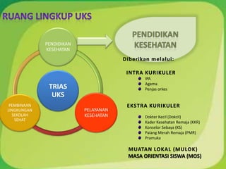 TRIAS
UKS
PENDIDIKAN
KESEHATAN
PELAYANAN
KESEHATAN
PEMBINAAN
LINGKUNGAN
SEKOLAH
SEHAT
Diberikan melalui:
INTRA KURIKULER
IPA
Agama
Penjas orkes
EKSTRA KURIKULER
Dokter Kecil (Dokcil)
Kader Kesehatan Remaja (KKR)
Konselor Sebaya (KS)
Palang Merah Remaja (PMR)
Pramuka
MUATAN LOKAL (MULOK)
MASA ORIENTASI SISWA (MOS)
 