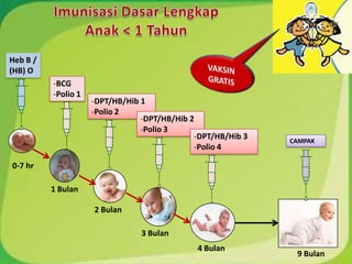 0-7 hr
9 Bulan
Heb B /
(HB) O
-BCG
-Polio 1
-DPT/HB/Hib 1
-Polio 2
-DPT/HB/Hib 2
-Polio 3
-DPT/HB/Hib 3
-Polio 4
CAMPAK
1 Bulan
2 Bulan
3 Bulan
4 Bulan
 