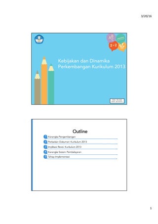 3/20/16
1
FINAL RELEASE
DATE 20/3/2016
Outline
1 Kerangka Pengembangan
2 Perbaikan Dokumen Kurikulum 2013
3 Implikasi Revisi Kurikulum 2013
4 Kerangka Sistem Pembelajaran
5 Tahap Implementasi
 