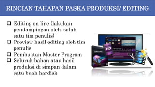  Editing on line (lakukan
pendampingan oleh salah
satu tim penulis)
 Preview hasil editing oleh tim
penulis
 Pembuatan Master Program
 Seluruh bahan atau hasil
produksi di simpan dalam
satu buah hardisk
RINCIAN TAHAPAN PASKA PRODUKSI/ EDITING
 