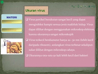 Ukuran virus
 Virus partikel berukuran sangat kecil yang dapat
menginfeksi hampir semua jenis makhluk hidup. Virus
dapat dilihat dengan menggunakan mikroskop elektron,
karena ukurannya sangat mikroskopik
 Virus terkecil berdiameter hanya 20 -30 nm (lebih kecil
daripada ribosom), sedangkan virus terbesar sekalipun
sukar dilihat dengan mikroskop cahaya.
 Ukurannya rata-rata 50 kali lebih kecil dari bakteri
MATERI
bakteriofage
virus
 