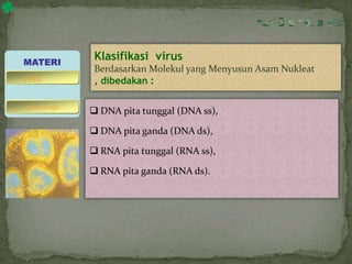 Klasifikasi virus
Berdasarkan Molekul yang Menyusun Asam Nukleat
, dibedakan :
 DNA pita tunggal (DNA ss),
 DNA pita ganda (DNA ds),
 RNA pita tunggal (RNA ss),
 RNA pita ganda (RNA ds).
MATERI
bakteriofage
virus
 