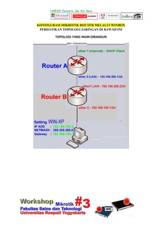 KONFIGURASI MIKROTIK ROUTER MELALUI WINBOX
PERHATIKAN TOPOLOGI JARINGAN DI BAWAH INI
TOPOLOGI YANG INGIN DIBANGUN
 