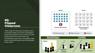 #2:
Flipped
Classroom
“Pada model ini mahasiswa melakukan akses,
mempelajari bahan ajar & atau mengerjakan
tugas yang disediakan secara online, kemudian
di kelas menerima instruksi dosen dan
mendiskusikan materi atau mengerjakan tugas
proyek mandiri/kelompok yang telah dipelajari
secara online”
 