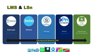 LMS & LSn
Edmodo
www.edmodo.com
Kelase
www.kelase.net
Schoology
www.schoology.com
ProProfs
www.proprofs.com
Google Classroom
www.classroom.google.com
Learning Social Networks (LSn)
+
 