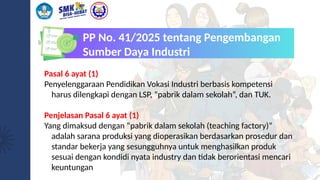 PP No. 41/2025 tentang Pengembangan
Sumber Daya Industri
Pasal 6 ayat (1)
Penyelenggaraan Pendidikan Vokasi Industri berbasis kompetensi
harus dilengkapi dengan LSP, “pabrik dalam sekolah”, dan TUK.
Penjelasan Pasal 6 ayat (1)
Yang dimaksud dengan “pabrik dalam sekolah (teaching factory)”
adalah sarana produksi yang dioperasikan berdasarkan prosedur dan
standar bekerja yang sesungguhnya untuk menghasilkan produk
sesuai dengan kondidi nyata industry dan tidak berorientasi mencari
keuntungan
 