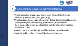 Mengembangkan Strategi Pembelajaran
5
• Strategi urutan kegiatan pembelajaran diidentifikasi sesuai
konteks (pendahuluan, inti, penutup)
• Strategi garis besar isi pembelajaran diidentifikasi sesuai konteks
(menyenangkan, menantang, memotivasi, memberikan
kesempatan ke siswa mendapatkan pembelajaran berkualitas
dan bermakna).
• Media dan alat pembelajaran diidentifikasi sesuai konteks.
• Alokasi waktu belajar diidentifikasi sesuai konteks.
 