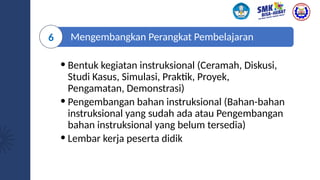 Mengembangkan Perangkat Pembelajaran
• Bentuk kegiatan instruksional (Ceramah, Diskusi,
Studi Kasus, Simulasi, Praktik, Proyek,
Pengamatan, Demonstrasi)
• Pengembangan bahan instruksional (Bahan-bahan
instruksional yang sudah ada atau Pengembangan
bahan instruksional yang belum tersedia)
• Lembar kerja peserta didik
6
 