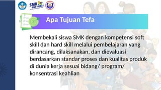 Apa Tujuan Tefa
Membekali siswa SMK dengan kompetensi soft
skill dan hard skill melalui pembelajaran yang
dirancang, dilaksanakan, dan dievaluasi
berdasarkan standar proses dan kualitas produk
di dunia kerja sesuai bidang/ program/
konsentrasi keahlian
 