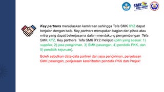 Key partners menjelaskan kemitraan sehingga Tefa SMK XYZ dapat
berjalan dengan baik. Key partners merupakan bagian dari pihak atau
mitra yang dapat bekerjasama dalam mendukung pengembangan Tefa
SMK XYZ. Key partners Tefa SMK XYZ meliputi (pilih yang sesuai: 1)
supplier, 2) jasa pengiriman, 3) SMK pasangan, 4) pendidik PKK, dan
5) pendidik kejuruan).
Boleh sebutkan data-data partner dan jasa pengiriman, penjelasan
SMK pasangan, penjelasan keterlibatan pendidik PKK dan Projek!
 