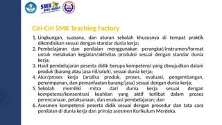 Ciri-Ciri SMK Teaching Factory
1. Lingkungan, suasana, dan aturan sekolah khususnya di tempat praktik
dikondisikan sesuai dengan standar dunia kerja;
2. Pembelajaran dan penilaian menggunakan perangkat/instrumen/format
untuk melakukan kegiatan/aktivitas produksi sesuai dengan standar dunia
kerja;
3. Hasil pembelajaran peserta didik berupa kompetensi yang diwujudkan dalam
produk (barang atau jasa riil/utuh), sesuai dunia kerja;
4. Alur/proses kerja (analisa produk, proses, evaluasi, pengembangan,
penyimpanan, dan pemanfaatan barang/jasa) sesuai dengan dunia kerja;
5. Sekolah memiliki mitra dari dunia kerja sesuai dengan
kompetensi/konsentrasi keahlian yang aktif terlibat dalam proses
perencanaan, pelaksanaan, dan evaluasi pembelajaran; dan
6. Asesmen kompetensi peserta didik sesuai dengan prosedur dan tata cara
penilaian di dunia kerja dan prinsip asesmen Kurikulum Merdeka.
 