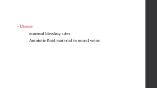 • Uterus:
mucosal bleeding sites
Amniotic fluid material in mural veins
 