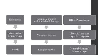 Eclampsia induced
endothelial cell damage
Vasogenic oedema
Encephalopathy
HELLP syndrome
Liver failure and
capsular rupture
Intra-abdominal
hemorrhage
Eclampsia
Intracerebral
hemorrhage
death
 