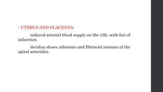 • UTERUS AND PLACENTA:
reduced arterial blood supply on the villi, with foci of
infarction.
decidua shows atherosis and fibrinoid necrosis of the
spiral arterioles.
 