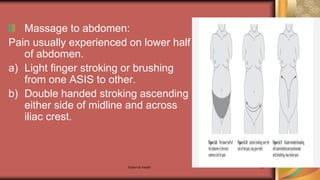 Maternal health 167
Massage to abdomen:
Pain usually experienced on lower half
of abdomen.
a) Light finger stroking or brushing
from one ASIS to other.
b) Double handed stroking ascending
either side of midline and across
iliac crest.
 