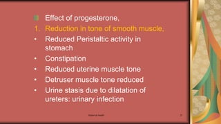 Maternal health 27
Effect of progesterone,
1. Reduction in tone of smooth muscle,
• Reduced Peristaltic activity in
stomach
• Constipation
• Reduced uterine muscle tone
• Detruser muscle tone reduced
• Urine stasis due to dilatation of
ureters: urinary infection
 