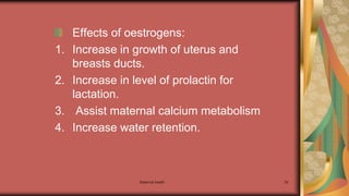 Maternal health 30
Effects of oestrogens:
1. Increase in growth of uterus and
breasts ducts.
2. Increase in level of prolactin for
lactation.
3. Assist maternal calcium metabolism
4. Increase water retention.
 