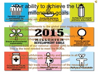 Our ability to achieve the UN
           millennium goals
As citizens we could ask our leaders to:

  1. Keep our commitments to the global poor made in the
  Millennium Development Goals (MDGs).

  2. Act with compassion in dealing with the mentally ill, the
  unemployed, refugees and indigenous groups.

  3. Commit 0.7% of our national income (GNI) to overseas aid.
  This is the level needed to meet the MDGs.

  4. Encourage truthfulness, integrity and service in all
  government dealings with other nations.

  5. Stand up for fair trade rules, protection of the resources of
  poor nations and protection of the environment of poor nations.
 