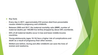  Key facts
• Every day in 2017, approximately 810 women died from preventable
causes related to pregnancy and childbirth.
• Between 2000 and 2017, the maternal mortality ratio (MMR, number of
maternal deaths per 100,000 live births) dropped by about 38% worldwide.
• 94% of all maternal deaths occur in low and lower middle-income
countries.
• Young adolescents (ages 10-14) face a higher risk of complications and
death as a result of pregnancy than other women.
• Skilled care before, during and after childbirth can save the lives of
women and newborns.
 