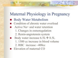 Maternal Physiology in PregnancyBody Water MetabolismCondition of chronic water overload Active Na+ and water retention             1. Changes in osmoregulation             2. Renin-angiotensin system Body water increase 6.5L 8.5L            1. 1500 cc increase in blood volume            2. RBC  increase ~400cc Elevation of maternal CO 