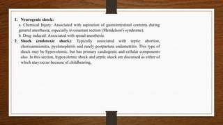 1. Neurogenic shock:
a. Chemical Injury: Associated with aspiration of gastrointestinal contents during
general anesthesia, especially in cesarean section (Mendelson's syndrome).
b. Drug induced: Associated with spinal anesthesia.
2. Shock (endotoxic shock): Typically associated with septic abortion,
chorioamnionitis, pyelonephritis and rarely postpartum endometritis. This type of
shock may be hypovolemic, but has primary cardiogenic and cellular components
also. In this section, hypovolemic shock and septic shock are discussed as either of
which may occur because of childbearing,
 