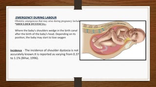 .EMERGENCY DURING LABOUR
Obstetric emergencies that may arise during pregnancy include
•SHOULDER DYSTOCIA:-
Where the baby's shoulders wedge in the birth canal
after the birth of the baby’s head. Depending on its
position, the baby may start to lose oxygen
Incidence - The incidence of shoulder dystocia is not
accurately known.It is reported as varying from 0.37
to 1.1% (Bihar, 1996).
 
