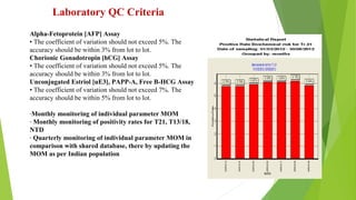 Laboratory QC Criteria
Alpha-Fetoprotein [AFP] Assay
• The coefficient of variation should not exceed 5%. The
accuracy should be within 3% from lot to lot.
Chorionic Gonadotropin [hCG] Assay
• The coefficient of variation should not exceed 5%. The
accuracy should be within 3% from lot to lot.
Unconjugated Estriol [uE3], PAPP-A, Free B-HCG Assay
• The coefficient of variation should not exceed 7%. The
accuracy should be within 5% from lot to lot.
-Monthly monitoring of individual parameter MOM
- Monthly monitoring of positivity rates for T21, T13/18,
NTD
- Quarterly monitoring of individual parameter MOM in
comparison with shared database, there by updating the
MOM as per Indian population
 