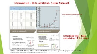 Hecht CA and Hook EB. 1996. Rates of Down syndrome at live birth by one-year maternal age intervals a proposed revised rate schedule
for use in genetic and prenatal screening. Am J Med Genet 62:376-385.
AGE wise Maternal Risk– Chromosomal Anomalies- Step 1
Screening test – Risk calculation- 3 steps Approach
Screening test – Risk
calculation- 2 & 3 steps
 