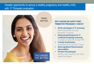 Greater opportunity to secure a healthy pregnancy and healthy child,
with 1st Trimester evaluation
WHY CHOOSE BE HAPPY FIRST
TRIMESTER PREGNANCY CHECK?
 All the advantages of 1T screening:
Earlier reassurance and early
intervention if required
 Enhanced performance for 1T
combined aneuploidy screening:
To enable to higher DR or lower FPR
 4 marker biochemistry:
Aneuploidy risk on par with 2T Quad
 Some significant Fetal structural
abnormalities
 Pre-term Pre-eclampsia:
Identify a high risk group, who would
benefit from Aspirin
 