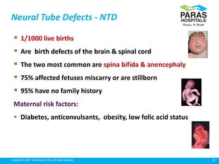 20Copyright © 2014 Well Woman Clinic. All rights reserved.
Neural Tube Defects - NTD
 1/1000 live births
 Are birth defects of the brain & spinal cord
 The two most common are spina bifida & anencephaly
 75% affected fetuses miscarry or are stillborn
 95% have no family history
Maternal risk factors:
 Diabetes, anticonvulsants, obesity, low folic acid status
 