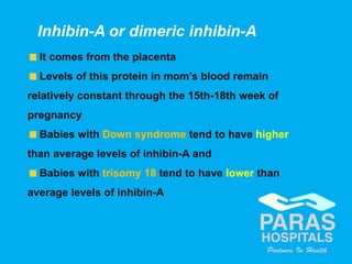35Copyright © 2014 Well Woman Clinic. All rights reserved.
It comes from the placenta
Levels of this protein in mom’s blood remain
relatively constant through the 15th-18th week of
pregnancy
Babies with Down syndrome tend to have higher
than average levels of inhibin-A and
Babies with trisomy 18 tend to have lower than
average levels of inhibin-A
Inhibin-A or dimeric inhibin-A
 