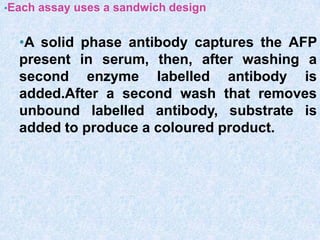•Each assay uses a sandwich design
•A solid phase antibody captures the AFP
present in serum, then, after washing a
second enzyme labelled antibody is
added.After a second wash that removes
unbound labelled antibody, substrate is
added to produce a coloured product.
 